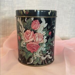 Small black floral pattern tin / canister vintage item